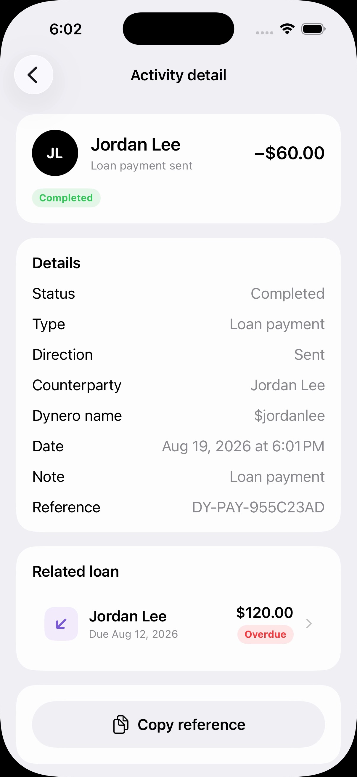Completed payment activity with status, timestamp, counterparty, and reference