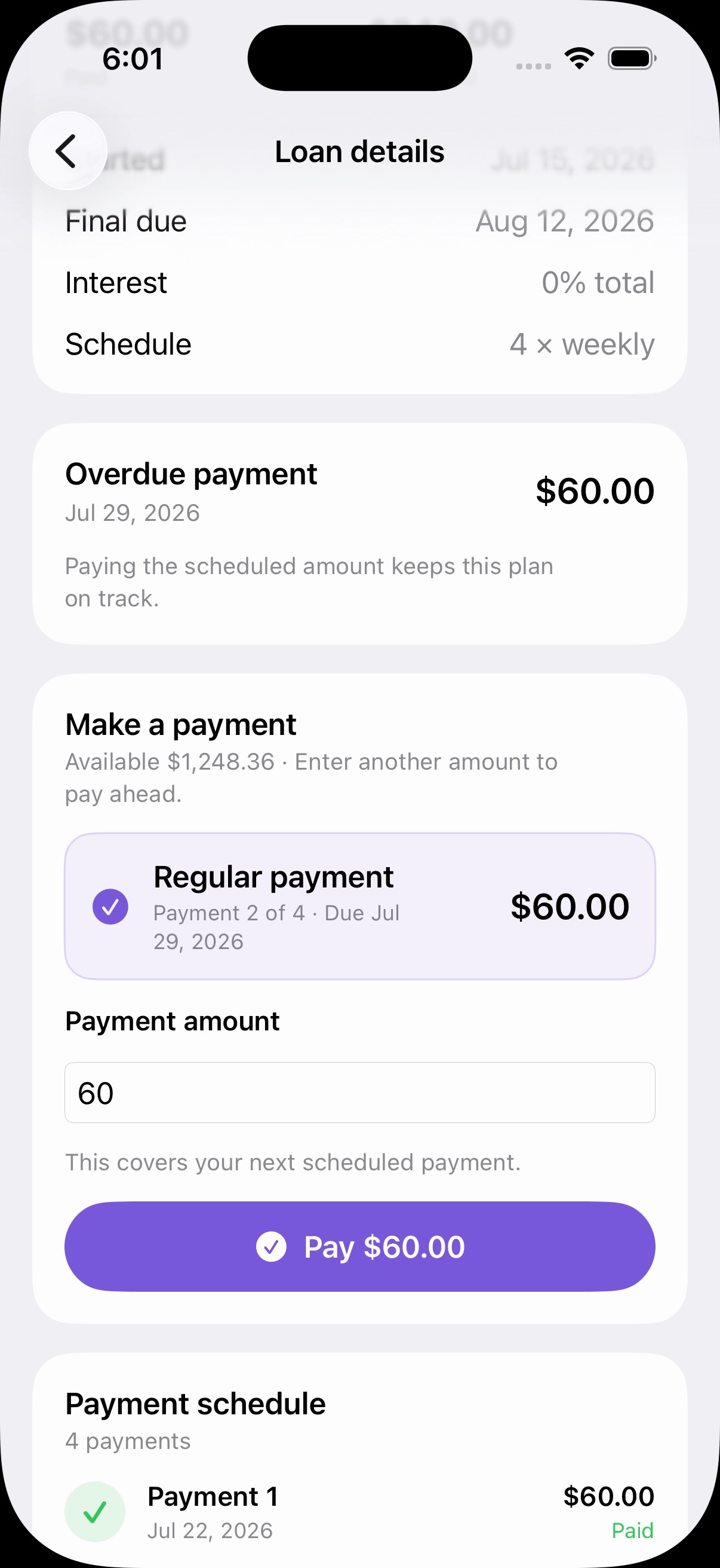 Dynero repayment screen with the calculated regular payment selected