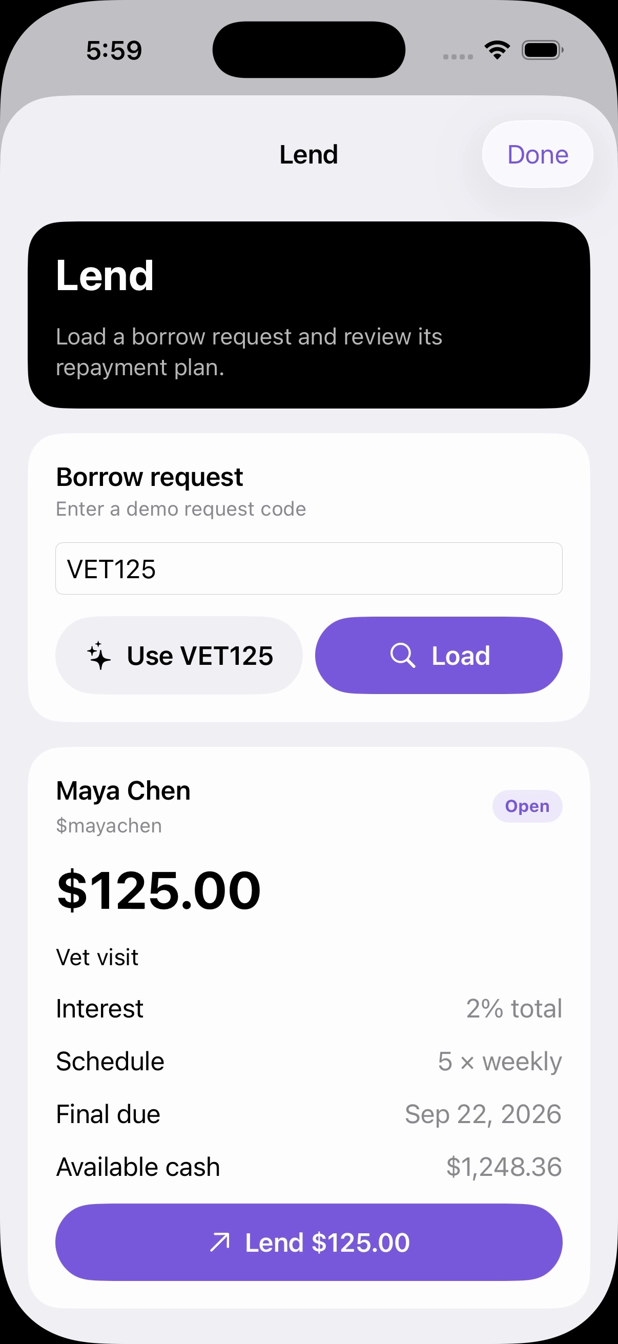 Dynero screen for reviewing a 125 dollar borrow request before lending