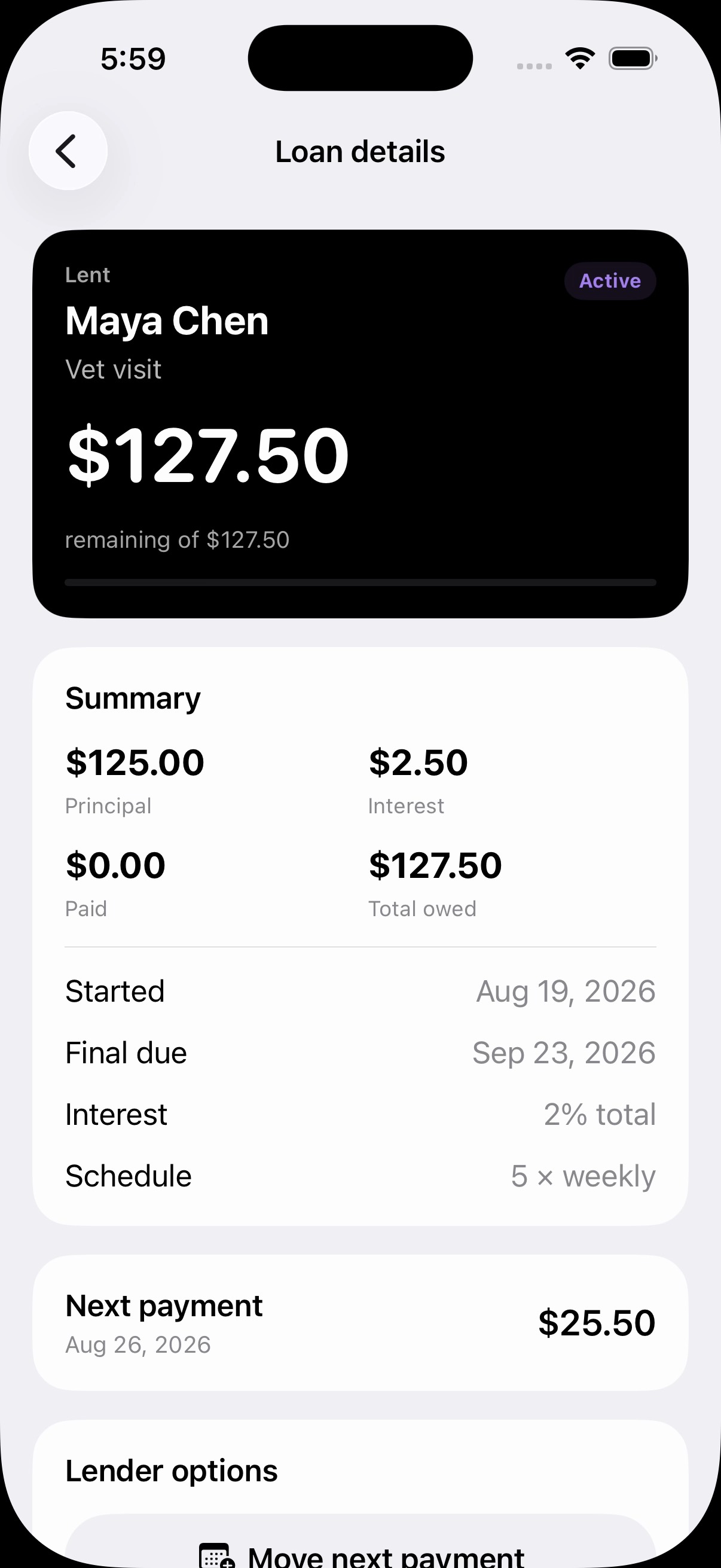 Dynero active loan screen showing balance, interest, schedule, and next payment